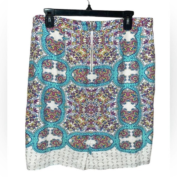 Maeve Anthropologie Turquoise/Pink Floral Print Skirt Linen Blend Size 12 - Picture 2 of 6